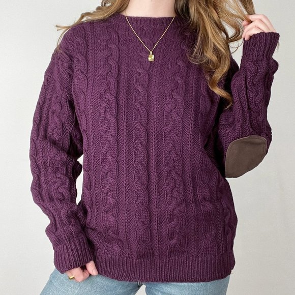 Vintage Hand Made Cable Knit Elbow Batch Oversized Aran Sweater Preppy Academia - Picture 4 of 8